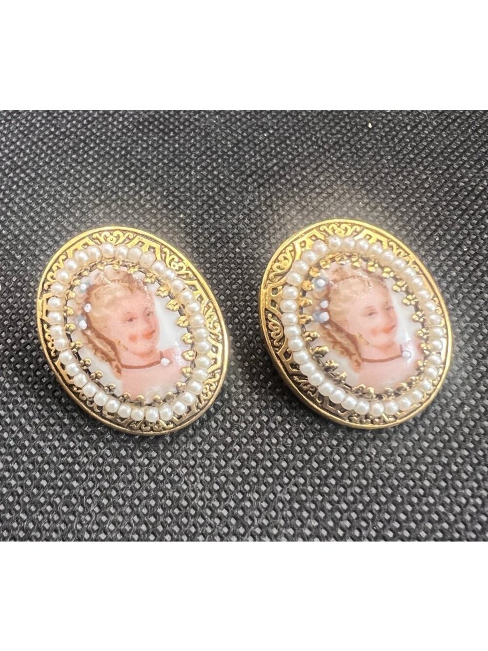 Mid-Century Victorian Revival Miniature Portrait Screwback Earrings Gold Tone